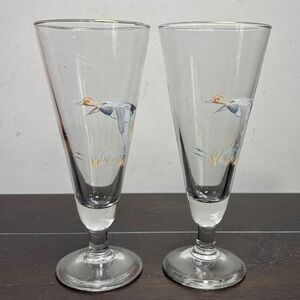 Ned Smith Vintage Flying Duck Pilsner Glasses | Set of 2 | Gold Rim Signed MCM